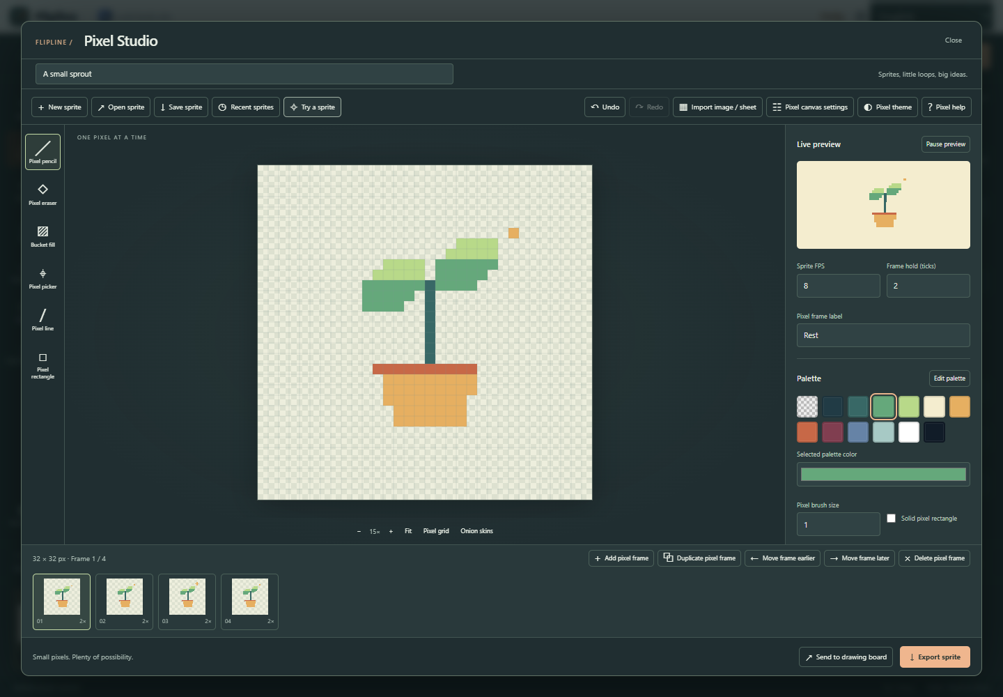 Flipline Pixel Studio drawing an original sprout sprite on a pixel grid, with live animation preview, palette and frame timeline